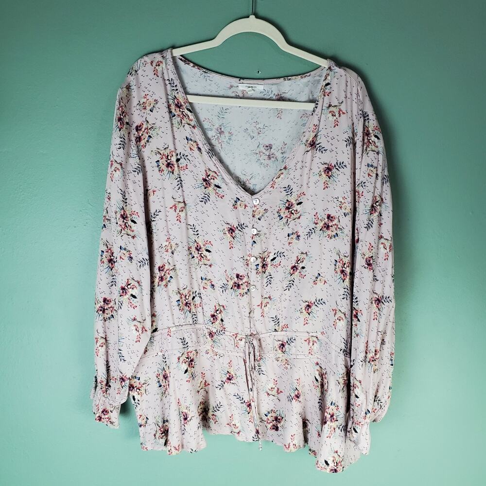 Maurices Womens Plus Size Pink Floral Print Smock Waist Blouse Top Size 3